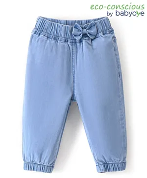 Babyoye Cotton Elastane Full Length Jeans With Bow Applique -  Blue