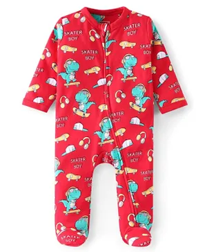 Babyhug Cotton Knit Full Sleeves Dino Printed Footed Sleep Suit - Red