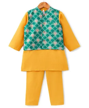 Babyhug Full Sleeves Solid Kurta Pyjama Set with Printed Jacket - Mustard