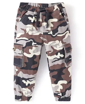 Babyhug Cotton Spandex Full Length Elasticated With Stretch Trousers Camouflage Print - Brown
