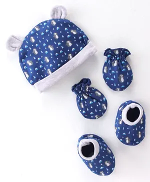 Babyhug 100% Cotton Knit Cap Mitten & Booties Penguin Print - Navy Blue