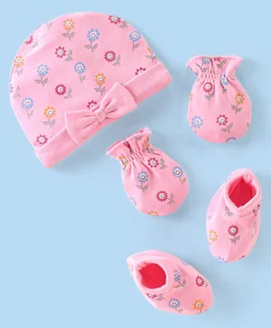 Babyhug 100% Cotton Knit Cap Mittens & Booties Set With Floral Print - Pink