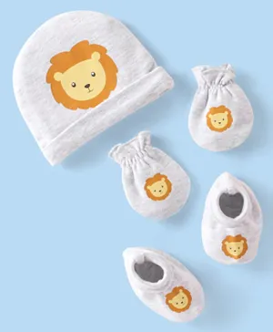 Babyhug 100% Cotton Knit Cap Mittens & Booties Set With Lion Print - Grey