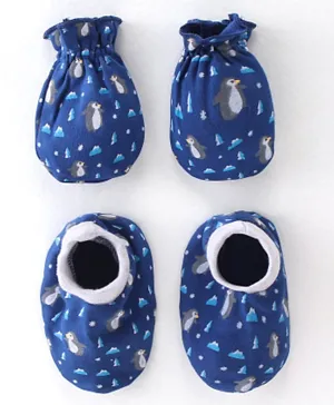 Babyhug 100% Cotton Knit Mitten & Booties Penguin Print - Navy Blue