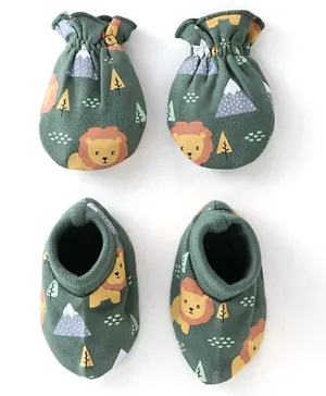 Babyhug Cotton Interlock Knit Mittens & Booties Lion Print - Green