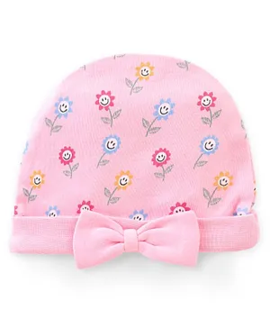 Babyhug 100% Cotton Knit Cap Floral Print With Bow - Pink