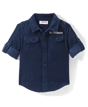Babyhug Full Sleeves Two Pocket Corduroy Shirt Text Embroidery - Navy Blue