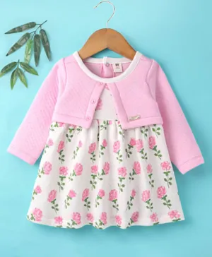 ToffyHouse 100% Cotton Full Sleeves Frock with Attached Sleeves & Floral Print - Light Pink