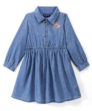 Pine Kids Cotton Woven Full Sleeves Fit and Flare Floral Embroidered Denim Dress with Zipper - Mid Blue