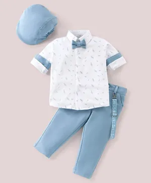 Babyhug Woven Full Sleeves Party Wear Shirt & Pant With Bow & Suspender Music Print - White & Blue