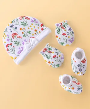 Babyhug 100% Cotton Knit Cap Mittens & Booties Set With Floral Print - White