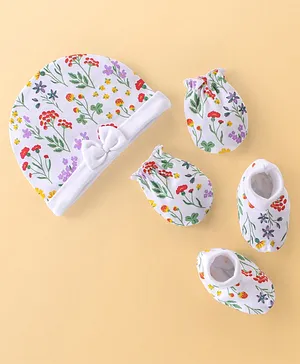 Babyhug 100% Cotton Knit Cap Mittens & Booties Set With Floral Print - White