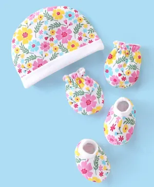 Babyhug 100% Cotton Knit Cap Mittens & Booties Set with Floral Print - Multicolour