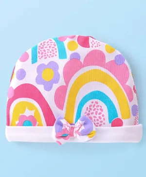 Babyhug 100% Cotton Knit Cap With Rainbow Print & Bow - Multicolour