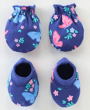 Babyhug 100% Cotton Knit Mittens & Booties Floral Print - Navy Blue