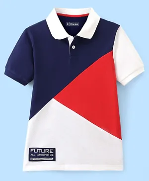 Pine Kids Cotton Knit Biowashed Half Sleeve Cut & Sew Polo T-Shirt - White Blue & Red