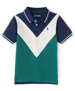 Pine Kids Cotton Knit Half Sleeves Solid Colours Bio Washed Polo T-Shirt - Blue Green & White