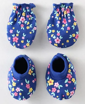 Babyhug 100% Cotton Interlock Knit Mittens & Booties Floral Print - Navy Blue