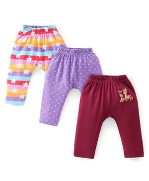 Babyhug 3 Pack Cotton Full Length Diaper Pants Star & Deer Print - Maroon Purple & Blue