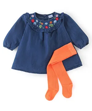 Babyhug Cotton Knit Full Sleeves Floral Embroidered Frock with Stockings - Blue & Orange