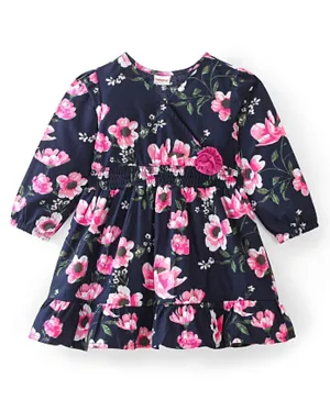 Babyhug Cotton Knit Full Sleeves Frock Floral Print - Navy Blue