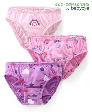 Babyoye Eco Conscious Cotton  Heart & Rainbow Printed Panties Pack of 3 - Pink & Purple