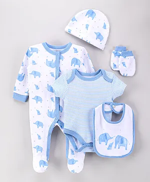 Rock a Bye Baby Elephant Sleepsuit With Bodysuit & Hat & Bib & Mitts and Giftbag - Blue