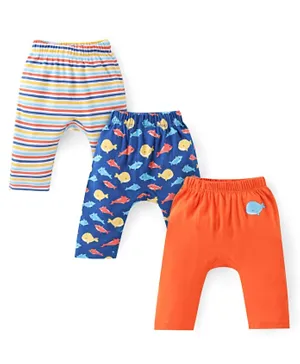 Babyhug 3-Pack Cotton Knit Full Length Diaper Pants Fish Print - Multicolour