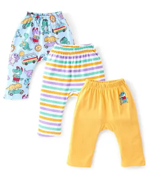 Babyhug Cotton Knit Full Length Diaper Pants Stripes & Dino Print Pack of 3 - Multi Color