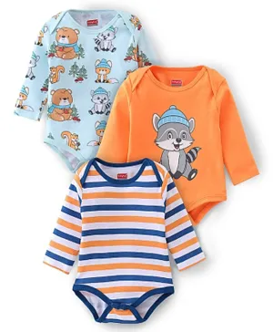 Babyhug 3 Pack 100% Cotton Interlock Knit Full Sleeves Onesie Stripes & Animal Design - Blue & Orange