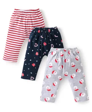 Babyhug Cotton Knit Full Length Diaper Leggings With Christmas Theme Print Pack Of 3 - Multicolor