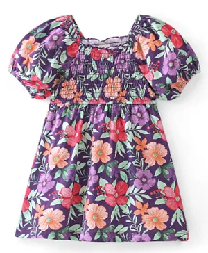 Babyhug Cotton Knit Half Sleeves Frock With Floral Print - Purple