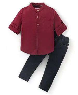 Babyhug Cotton Woven Full Sleeves Shirt &  Jeans Set - Maroon & Black