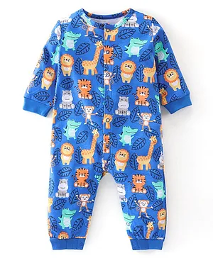 Babyhug 100% Cotton Knit Full Sleeves Wild Animal Printed Romper - Blue