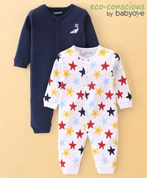 Babyoye 100% Cotton Full Sleeves Sleep Suit With Star Print Pack Of 2 - White & Navy Blue