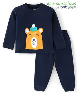 Babyoye 100% Cotton Full Sleeves Night Suit Bear Print- Navy Blue