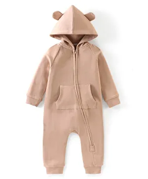 Bonfino Cotton Full Sleeves Front Zip Solid Terry Hooded Sleepsuit - Brown
