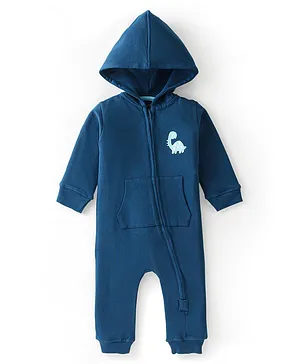 Bonfino Cotton Full Sleeves Front Zip Hooded Sleepsuit with Front Embroidery - Navy Blue