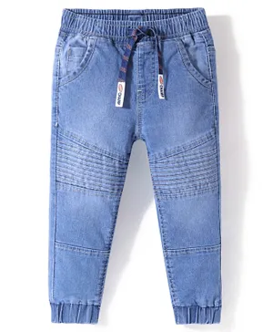 Babyhug Cotton Spandex Denim Full Length Washed Joggers With Stretch Solid Colour - Blue