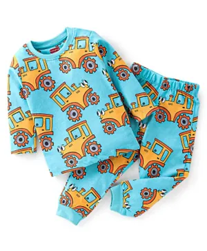 Babyhug Cotton Knit Full Sleeves Night Suit With JCB Print - Blue