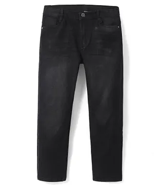 Pine Kids Cotton Elastane Full Length Adjustable Elastic Solid Colour Jeans - Black