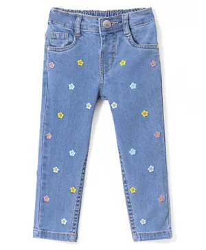 Babyhug Denim Full Length Jeans with Floral Embroidery with Stretch - Blue
