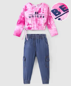 Ollington St. 100% Cotton Full Sleeves Winter Wear Top & Stretchable Denim Joggers Set with Tie & Dye Floral Print - Pink & Indigo