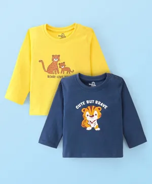 Doodle Poodle 2 Pack 100% Cotton Knit Full Sleeves T-Shirts Text Print - Yellow & Navy