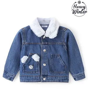 Babyoye 100% Cotton Full Sleeves Denim Jacket with Fur Detailing - Blue