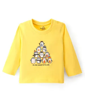 Doodle Poodle 100% Cotton Full Sleeves Penguin Printed T-Shirt- Yellow