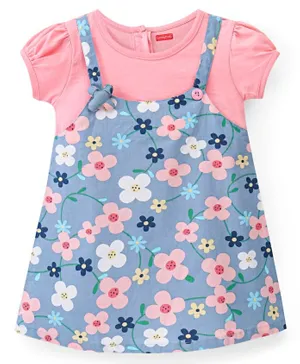 Babyhug Cotton Knit Short Sleeves Inner Tee & Frock With Floral Print - Pink & Blue