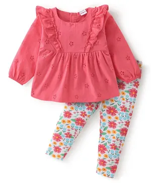Babyhug 100% Cotton Full Sleeves Top & Leggings With Floral Print - Red & White