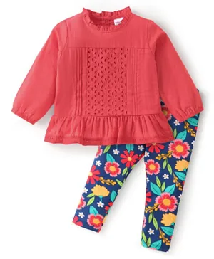 Babyhug Cotton Woven Full Sleeves Top & Pant Set with Floral Print - Red & Navy Blue