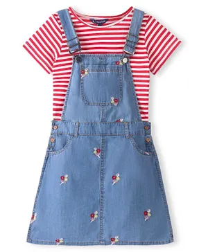 Pine Kids Denim Floral Embroidered Dungaree with Striped Half Sleeve Inner Tee - Multicolor